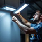 A photograph of a lighting contractor installing a sleek