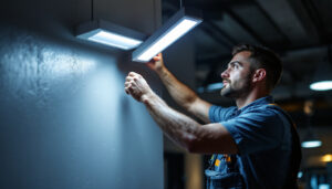 A photograph of a lighting contractor installing a sleek