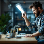 A photograph of a lighting contractor installing a t5 led lamp in a modern workspace