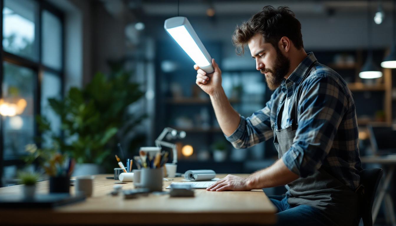A photograph of a lighting contractor installing a t5 led lamp in a modern workspace