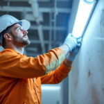 A photograph of a skilled lighting contractor expertly replacing a fluorescent tube with an led alternative in a commercial setting