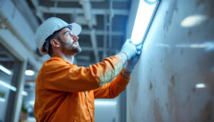 A photograph of a skilled lighting contractor expertly replacing a fluorescent tube with an led alternative in a commercial setting