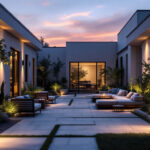 A photograph of a beautifully designed outdoor space featuring stylish exterior recessed lighting that highlights architectural features and enhances the ambiance during twilight hours