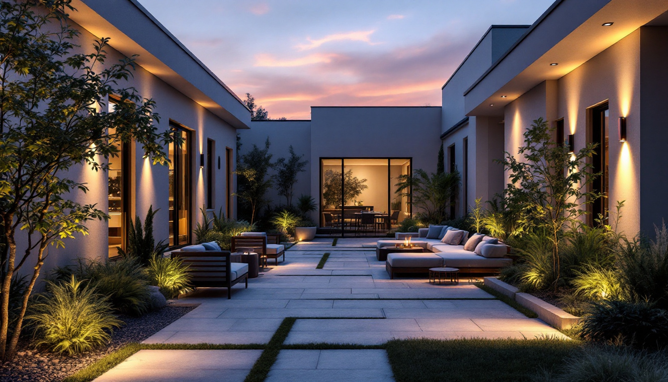 A photograph of a beautifully designed outdoor space featuring stylish exterior recessed lighting that highlights architectural features and enhances the ambiance during twilight hours