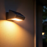 A photograph of a solar-powered security lamp installed in a residential or commercial outdoor setting