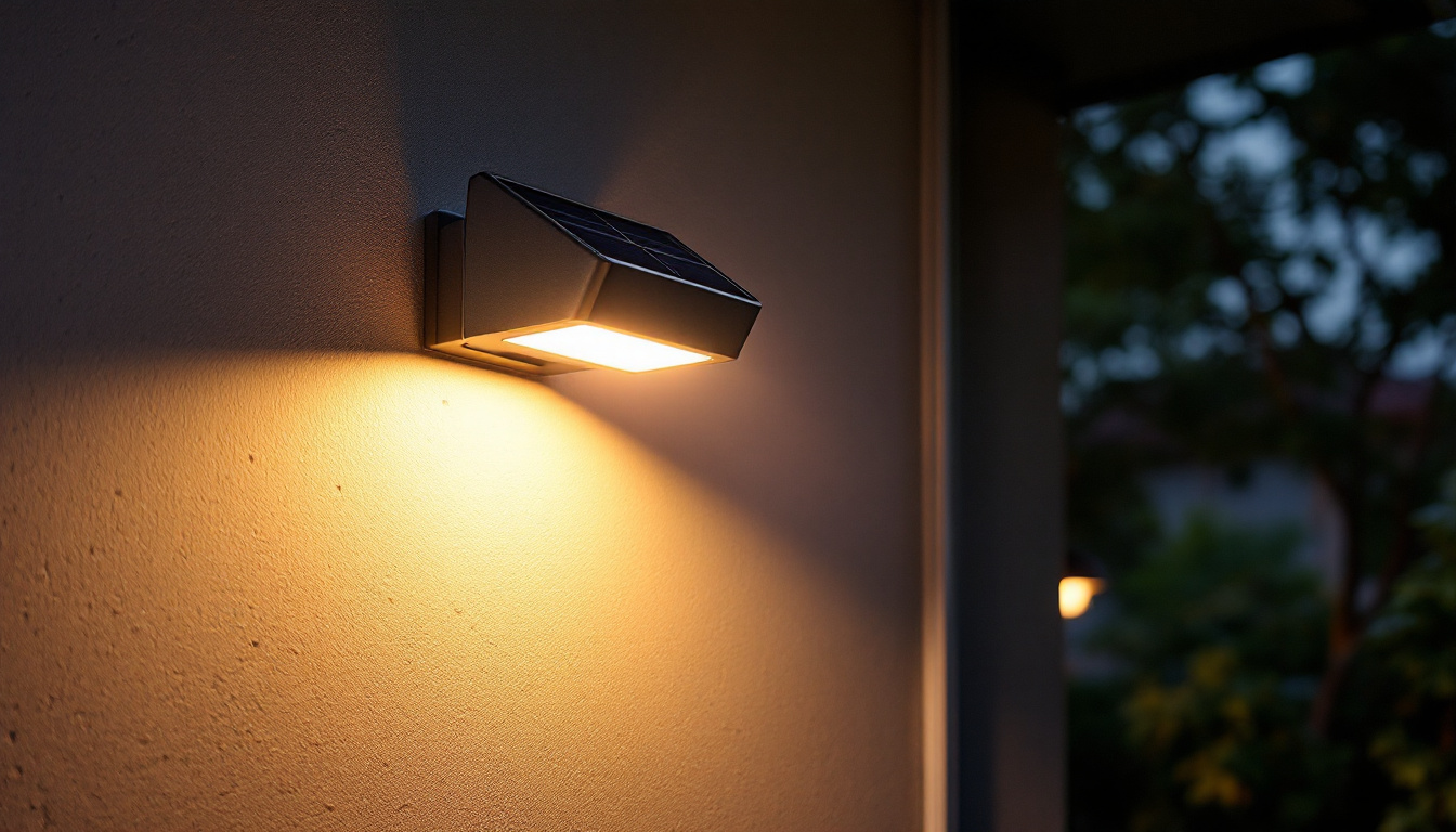 A photograph of a solar-powered security lamp installed in a residential or commercial outdoor setting