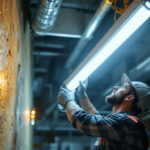 A photograph of a lighting contractor skillfully replacing a fluorescent tube with an led light in a commercial or industrial setting