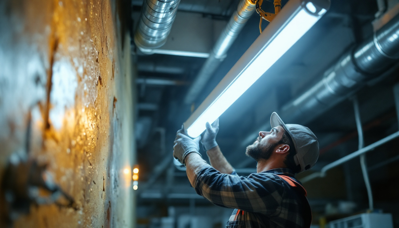 A photograph of a lighting contractor skillfully replacing a fluorescent tube with an led light in a commercial or industrial setting