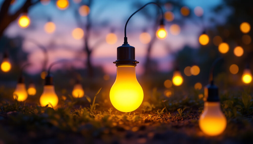 A photograph of a vibrant outdoor scene illuminated by various solar bulbs