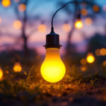 A photograph of a vibrant outdoor scene illuminated by various solar bulbs