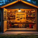 A photograph of a well-lit solar shed lamp illuminating a cozy