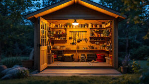 A photograph of a well-lit solar shed lamp illuminating a cozy
