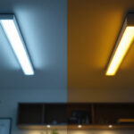 A photograph of a side-by-side comparison of a fluorescent light fixture and an led fixture installed in a modern setting