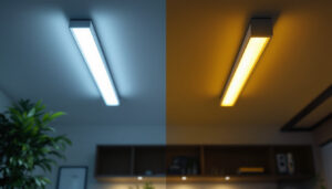 A photograph of a side-by-side comparison of a fluorescent light fixture and an led fixture installed in a modern setting