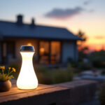 A photograph of a beautifully designed solar house lamp illuminating a cozy outdoor space