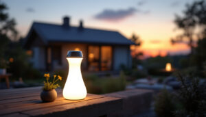 A photograph of a beautifully designed solar house lamp illuminating a cozy outdoor space