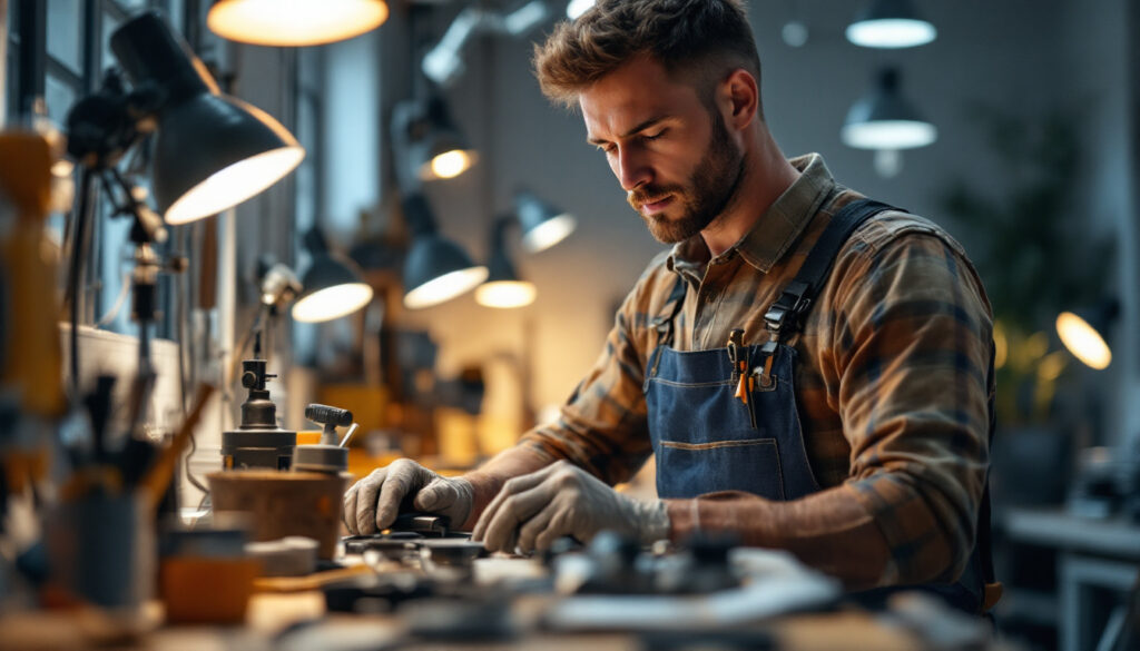 A photograph of a skilled lighting contractor at work