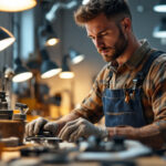 A photograph of a skilled lighting contractor at work