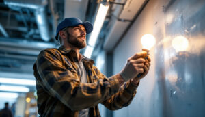A photograph of a lighting contractor installing a fluorescent to led conversion kit in a commercial setting