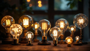 A photograph of a beautifully arranged display of vintage led globes in various styles and sizes