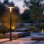 A photograph of a solar pole light illuminating a beautifully landscaped outdoor space at dusk