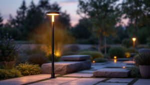 A photograph of a solar pole light illuminating a beautifully landscaped outdoor space at dusk