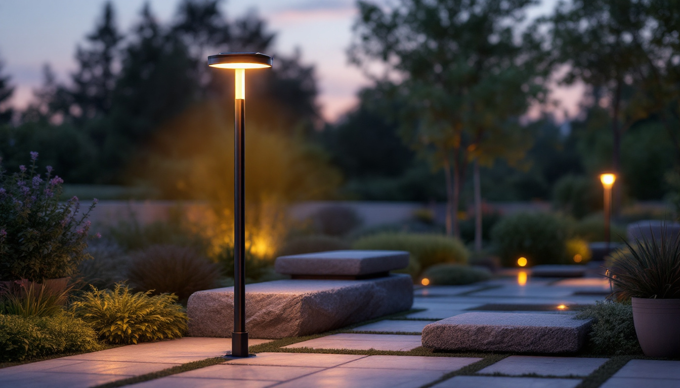 A photograph of a solar pole light illuminating a beautifully landscaped outdoor space at dusk
