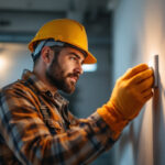 A photograph of a lighting contractor expertly installing or inspecting an electrical outlet in a well-lit environment