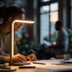 A photograph of a sleek and modern type t lamp in a well-lit workspace