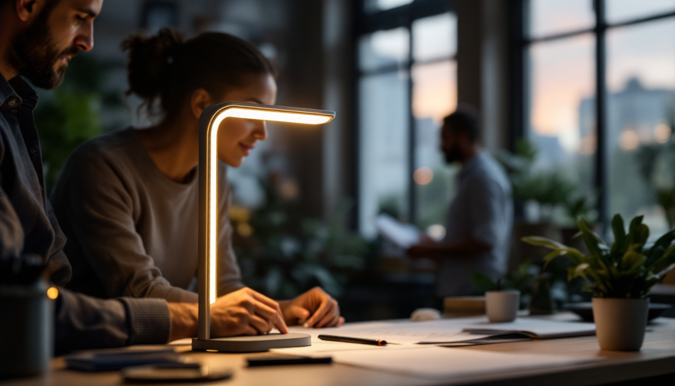 A photograph of a sleek and modern type t lamp in a well-lit workspace