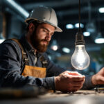 A photograph of a lighting contractor in action