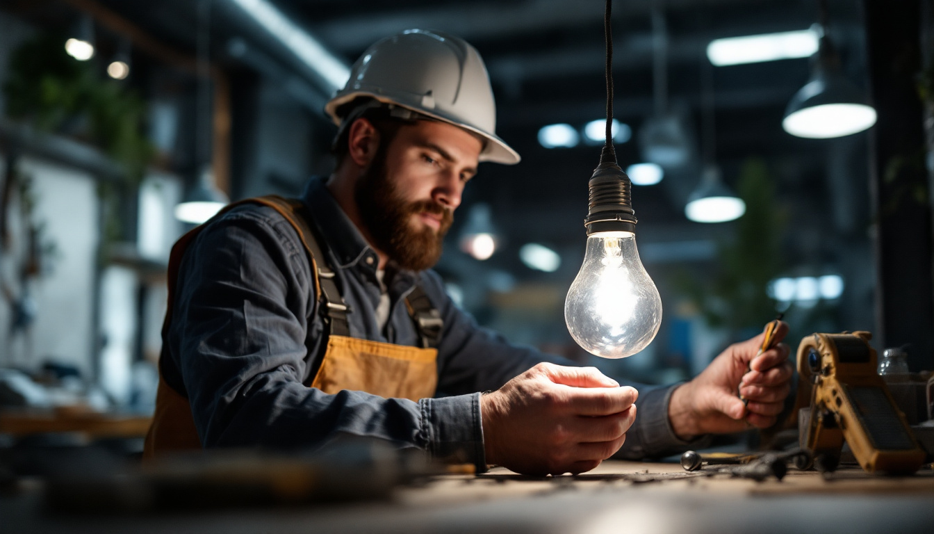 A photograph of a lighting contractor in action