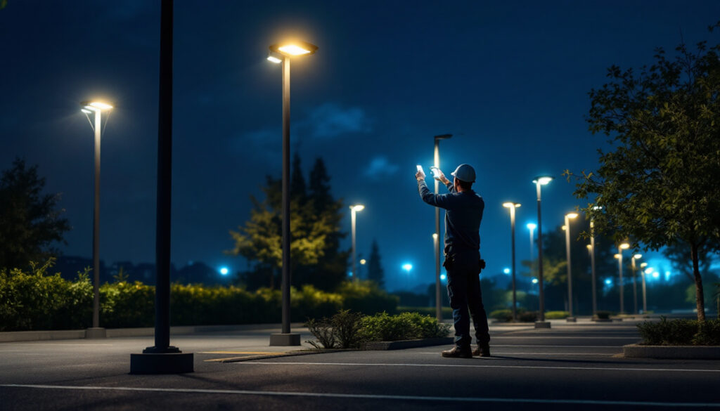 A photograph of a well-lit parking lot featuring modern lamp posts