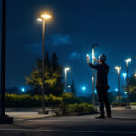 A photograph of a well-lit parking lot featuring modern lamp posts