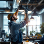 A photograph of a lighting contractor in action