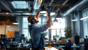 A photograph of a lighting contractor in action