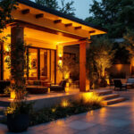 A photograph of a beautifully illuminated outdoor space at dusk