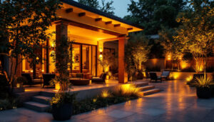 A photograph of a beautifully illuminated outdoor space at dusk