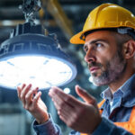 A photograph of a skilled lighting contractor examining an ex 300w a3d50d120 class 1 div 1 lighting fixture in an industrial setting