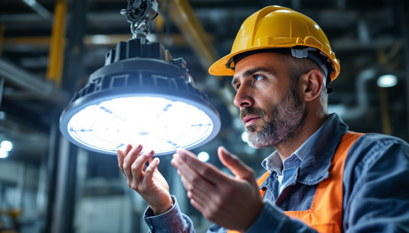 A photograph of a skilled lighting contractor examining an ex 300w a3d50d120 class 1 div 1 lighting fixture in an industrial setting