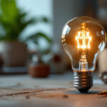 A photograph of a type b incandescent bulb illuminated in a cozy