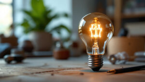 A photograph of a type b incandescent bulb illuminated in a cozy