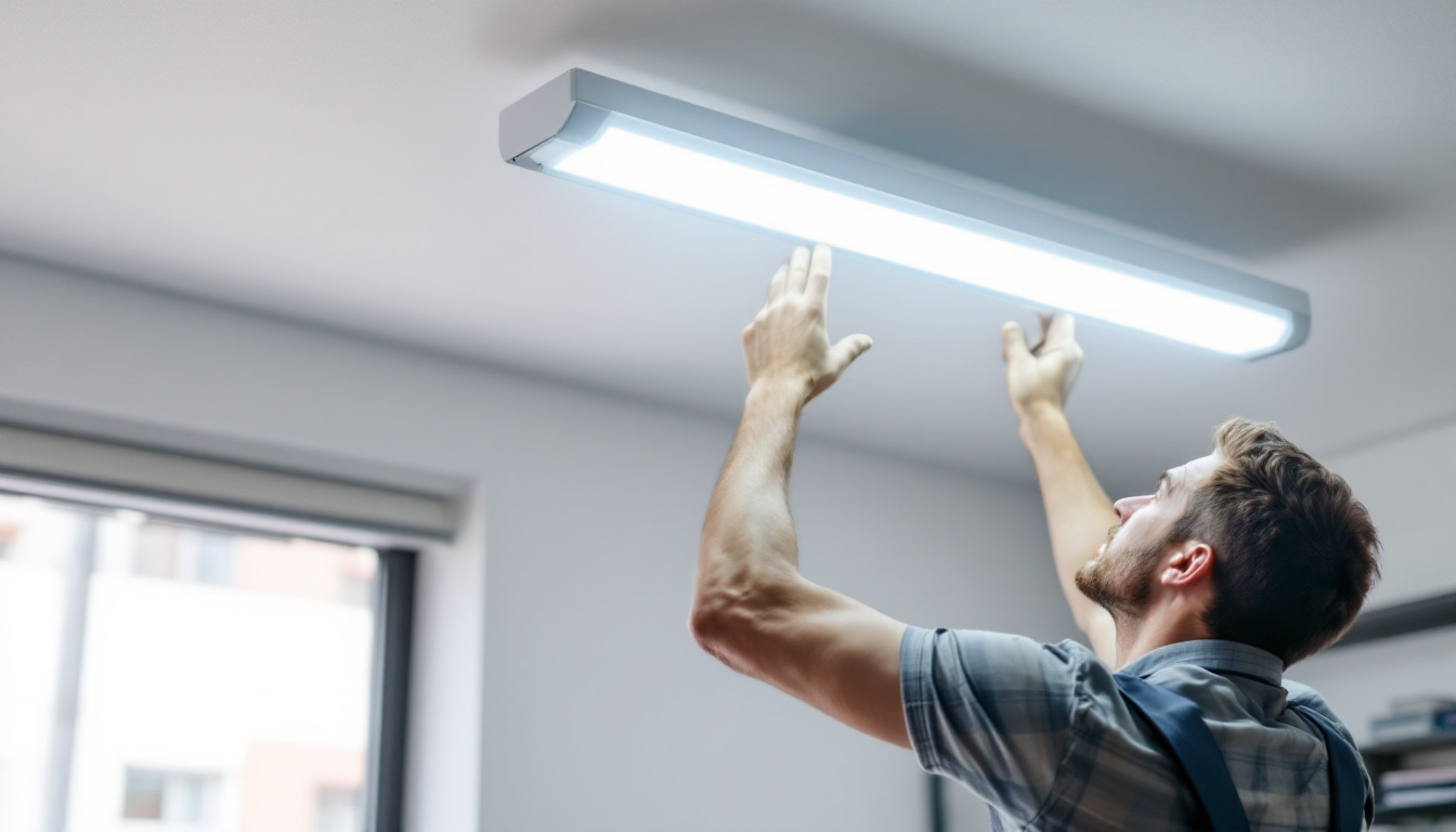 A photograph of a lighting contractor installing a 4-ft fluorescent light fixture in a commercial space