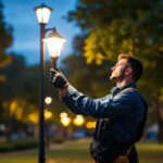 A photograph of a lighting contractor installing or adjusting park lights in a vibrant outdoor setting