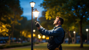 A photograph of a lighting contractor installing or adjusting park lights in a vibrant outdoor setting