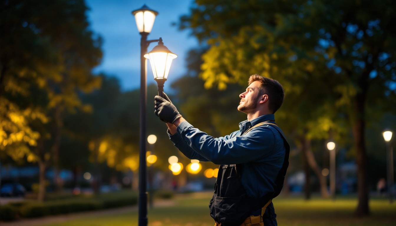A photograph of a lighting contractor installing or adjusting park lights in a vibrant outdoor setting