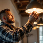 A photograph of a skilled lighting contractor at work