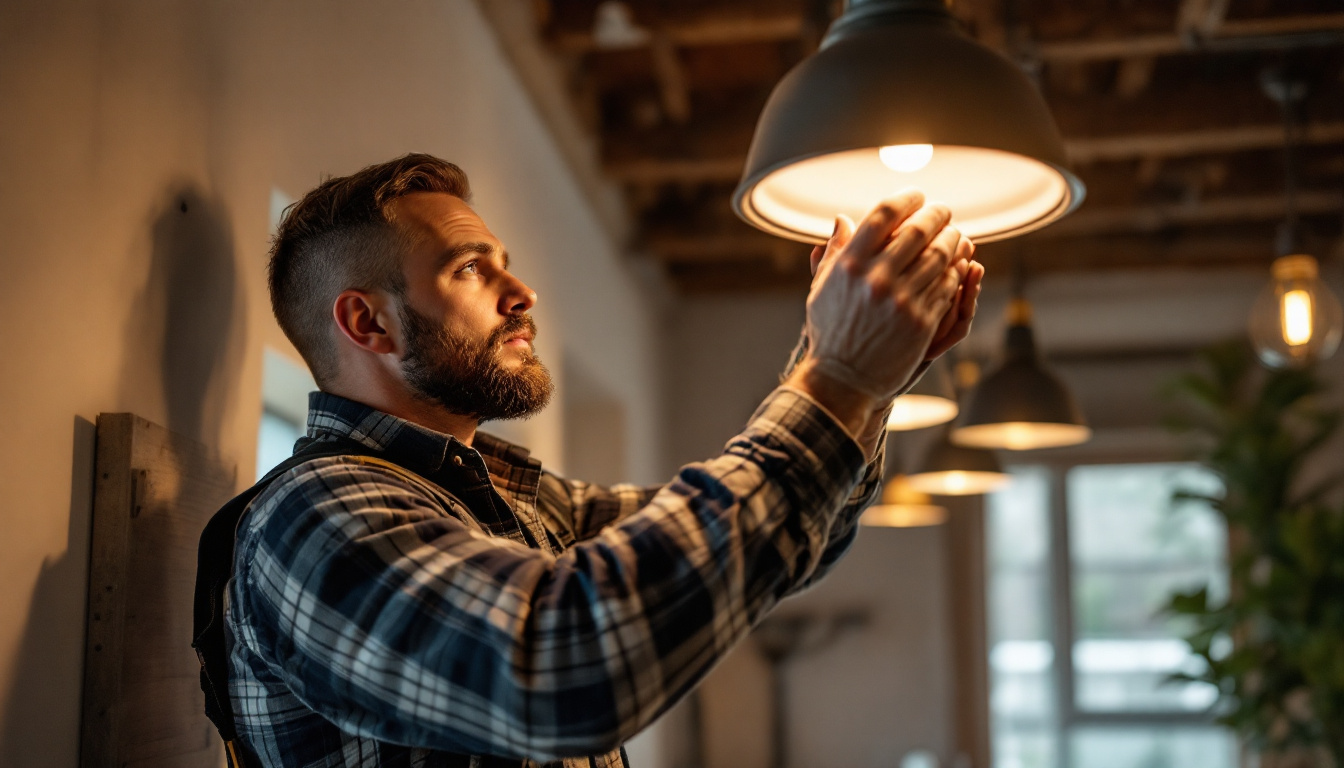 A photograph of a skilled lighting contractor at work