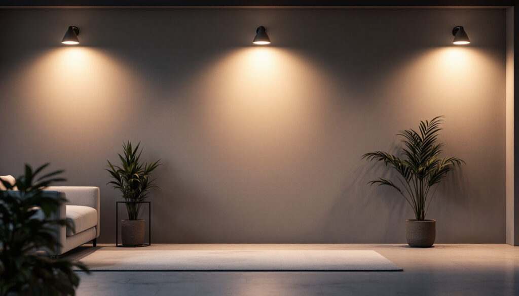 A photograph of a well-lit interior space showcasing six stylish led can lights installed in a modern setting