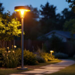 A photograph of a beautifully designed light pole installed in a residential yard
